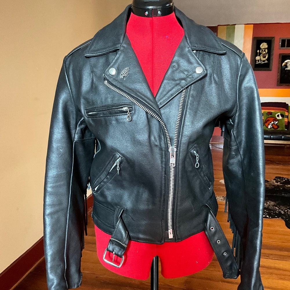 Rare Vintage 70s Black Leather Fringe Biker Jacket Cropped Punk Moto Women’s 8